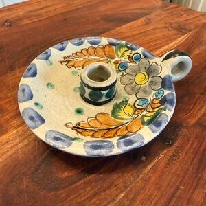 Mexican Tonala pottery candle holder Floral Wide Handle Signed